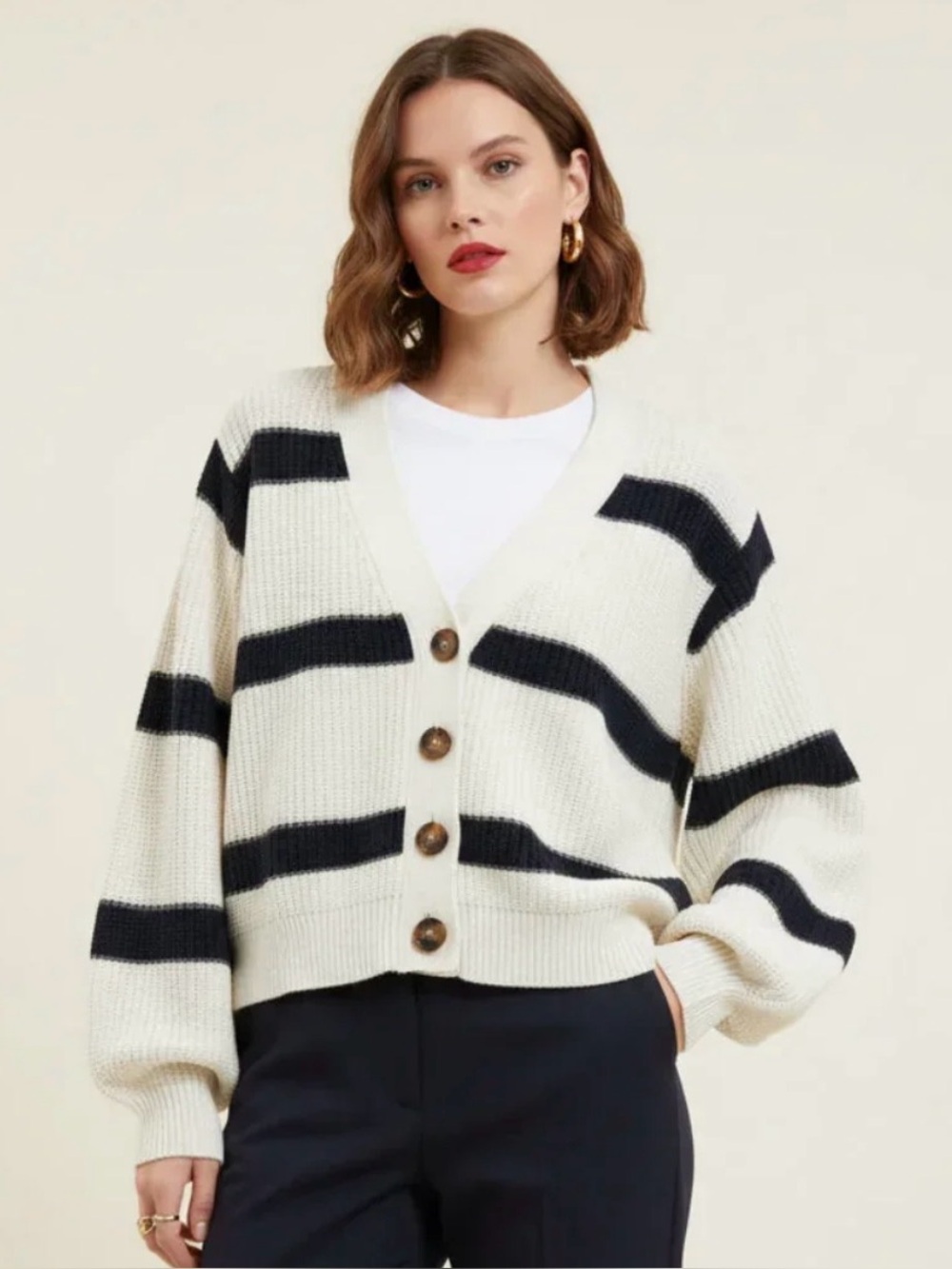 White & Navy Striped V-Neck Cardigan Knit Sweater